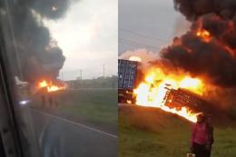 Collage photo of trucks on fire along Mombasa Road.